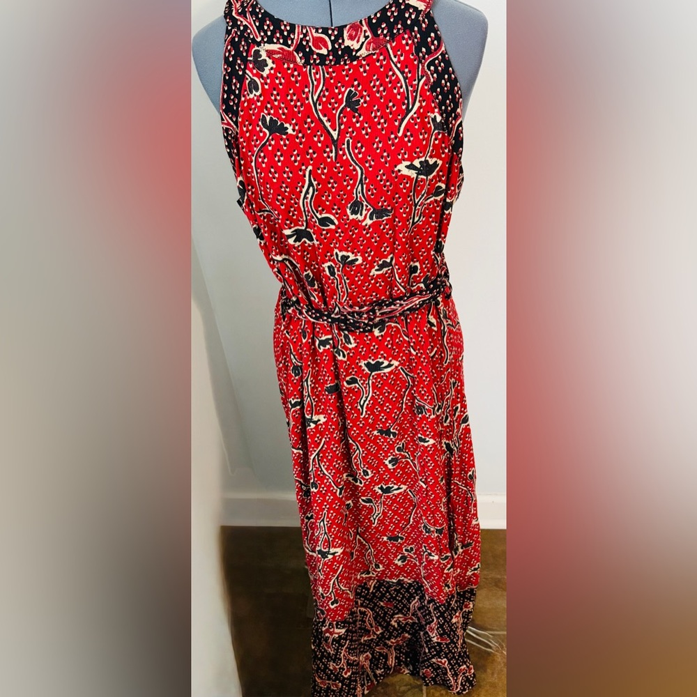 Fat Face Size 12 Red Floral Boho Belted Maxi Sleeveless Dress